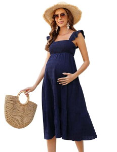 �N���A���u ���f�B�[�X �g�b�v�X �����s�[�X �t���� �~�f�B �V���[�����O �}�^�j�e�B Clearlove Maternity Square Neck Smocked Sundress Ruffle Strap Flare Midi Navy Blue �l�C�r�[