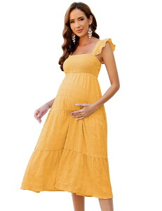 �N���A���u ���f�B�[�X �g�b�v�X �����s�[�X �t���� �~�f�B �V���[�����O �}�^�j�e�B Clearlove Maternity Square Neck Smocked Sundress Ruffle Strap Flare Midi Yellow �C�G���[