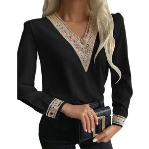 �C�G�X�t�@�b�V���� ���f�B�[�X �g�b�v�X �V���c V�l�b�N ���[�X�g���� ���[�X Yesfashion Women's Business V neck Shirt Fashionable Long Sleeved Lace Trim Top Black �u���b�N
