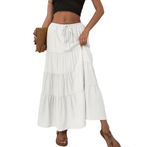 �N���A�t�����[ ���f�B�[�X �{�g���X�J�[�g �n�C�E�G�X�g �~�f�B ClearFlower Womens High Waist Elastic Drawstring Flowy Midi Skirts White �z���C�g
