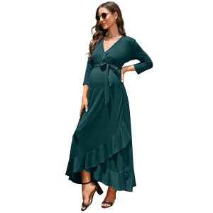 �Z�I���A ���f�B�[�X �g�b�v�X �����s�[�X V�l�b�N A ���C�� �n�C�E�G�X�g �t���� �}�^�j�e�B �}�L�V Seoria Women's Maternity Dress V neck 3/4 Sleeve Ruffle Long Dress High Waist A Line Maxi Dress with Belt Dark Green �O