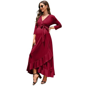 �Z�I���A ���f�B�[�X �g�b�v�X �����s�[�X V�l�b�N A ���C�� �n�C�E�G�X�g �t���� �}�^�j�e�B �}�L�V Seoria Women's Maternity Dress V neck 3/4 Sleeve Ruffle Long Dress High Waist A Line Maxi Dress with Belt Wine Red ��