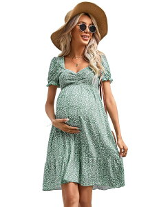 �N���A�t�����[ ���f�B�[�X �g�b�v�X �����s�[�X A ���C�� �t���� �}�^�j�e�B ClearFlower Maternity Sweetheart Neck Ruffle A Line Foral Dress Green Floral �O���[��
