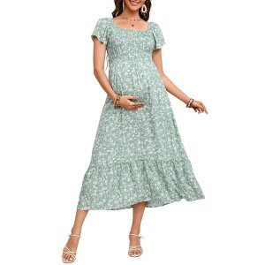 �Z�I���A ���f�B�[�X �g�b�v�X �����s�[�X �t�����[�� �}�^�j�e�B �t�����[ Seoria Women's Maternity Dress Floral Short Sleeve Square Neck Flowy Sundress Green �O���[��