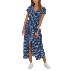 �R�W���C�� ���f�B�[�X �g�b�v�X �����s�[�X V�l�b�N �v�����g �~�f�B Kojooin Summer Dresses for Women Trendy Midi Print with Strap V Neck Short Sleeve Slit Loose Fashion Dress Blue �u���[