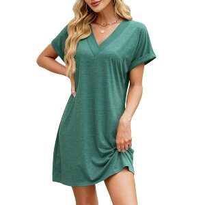 �R�W���C�� ���f�B�[�X �g�b�v�X �����s�[�X V�l�b�N T�V���c Kojooin Women's Beach Swimsuit Cover up Solid V Neck Short Sleeve Swimwear T-Shirt Dress Dark Green �O���[��