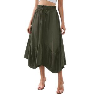 �G���[�g�X�s���b�g ���f�B�[�X �{�g���X�J�[�g ���B���e�[�W �t���� �~�f�B EliteSpirit Vintage Midi Skirt for Women Elastic Drawstring Renaissance Irregularuffle Flowy Boho Long Skirts Army Green �O���[��