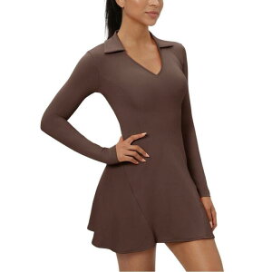 �Z�I���A ���f�B�[�X �g�b�v�X �����s�[�X V�l�b�N �|���V���c Seoria Womens Long Sleeve Tennis Dress Polo V Neck Workout Golf Active Athletic Dress Brown �u���E��