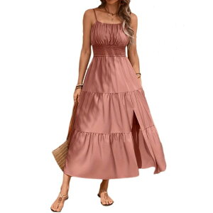 �R�W���C�� ���f�B�[�X �g�b�v�X �����s�[�X�����t�B�b�g �m�[�X���[�u �}�L�V Kojooin Women'sleeveless Laye red Maxi Dressolid Color Slim Fit Slit Long Dress Pink �s���N