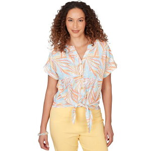 �n�[�c�I�u�p�[�� ���f�B�[�X �g�b�v�X �V���c �v�����g Hearts of Palm Women's Fun In The Sun Printed Eyelet Gauze T Sleeve Blouson With Tie Frontangerine Multi �^���W�F����