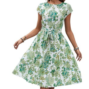 �W���C�W���C ���f�B�[�X �g�b�v�X �����s�[�X �v���[�c �v�����g �~�f�B JoyJoy Women Summer Fashion Casual Simple Print Dresshort Sleeve Waistie Dress Pleated Flowy Midi Dress Green �O���[��