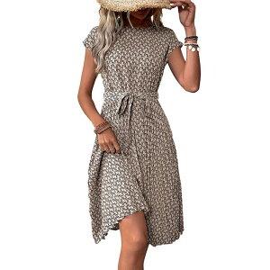 �W���C�W���C ���f�B�[�X �g�b�v�X �����s�[�X �v���[�c �v�����g �~�f�B JoyJoy Women Summer Fashion Casual Simple Print Dresshort Sleeve Waistie Dress Pleated Flowy Midi Dress Khaki �J�[�L