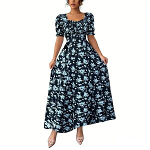 �R�W���C�� ���f�B�[�X �g�b�v�X �����s�[�X A ���C�� �t�����[�� �}�L�V �t�����[ Kojooin Women's A-Line Floral Maxi Dress, Square Neck with Drawstring & Puff Sleeves Blue �u���[