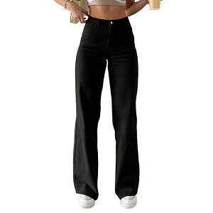 �R�W���C�� ���f�B�[�X �{�g���X �f�j���p���c �X�g���[�g �n�C�E�G�X�g �W�[���Y Kojooin Women's High Waist Solid Color Straight Leg Jeans, Casual Slim-Fit Denim Pants Black �u���b�N