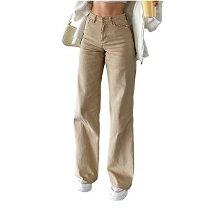 �R�W���C�� ���f�B�[�X �{�g���X �f�j���p���c �X�g���[�g �n�C�E�G�X�g �W�[���Y Kojooin Women's High Waist Solid Color Straight Leg Jeans, Casual Slim-Fit Denim Pants Light Brown �u���E��