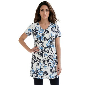 ���A�}���Y ���f�B�[�X �g�b�v�X T�V���c V�l�b�N �v���X�T�C�Y �R�b�g�� Roaman's Women's Plusize Ultimate Cotton V-Neck Short Sleeve Tunic White Tulips Floral �z���C�g