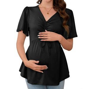 �N���A�t�����[ ���f�B�[�X �g�b�v�X �V���c V�l�b�N �}�^�j�e�B ClearFlower Maternity Tie-Front V-Neck Top Summer Short Sleeve Casual Pregnancy T-Shirt Black �u���b�N
