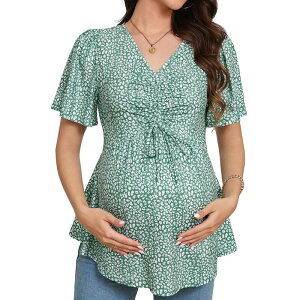 �N���A�t�����[ ���f�B�[�X �g�b�v�X �V���c V�l�b�N �}�^�j�e�B ClearFlower Maternity Tie-Front V-Neck Top Summer Short Sleeve Casual Pregnancy T-Shirt Green Floral �O���[��