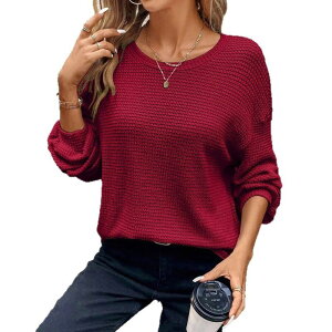 �t�@���W�����C ���f�B�[�X �g�b�v�X T�V���c �N���[�l�b�N �X�E�F�b�g �j�b�g FUNJULY Women's Waffle Knitop Crew Neck Long Sleeve Sweatshirt Oversized Streetwear Wine Red ���b�h