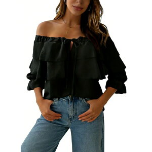 �G���[�g�X�s���b�g ���f�B�[�X �g�b�v�X T�V���c �t���� �I�t�V�����_�[ �u���E�X EliteSpirit Women's Off-Shoulderuffle Blouse, Double-Laye red Flounce 3/4 Bell Sleeve Tie Front Summer Top Black �u���b�N