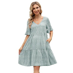 �R�W���C�� ���f�B�[�X �g�b�v�X �����s�[�X V�l�b�N �t���� �}�^�j�e�B Kojooin Women Maternity Dress V Neck Short Sleeves Ruffle Flowy Summer Boho Dress Baby Shower Photoshoot Green �O���[��