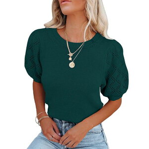 �W���C�W���C ���f�B�[�X �g�b�v�X T�V���c �Z�[�^�[ �N���b�v�h ���[�X �j�b�g JoyJoy Women's Puff Sleeve Cropped Knitop Round Neck Eyelet Lace Short Sleeve Casual Sweater Top Watermelon Red ���b�h