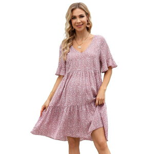 �R�W���C�� ���f�B�[�X �g�b�v�X �����s�[�X V�l�b�N �t���� �}�^�j�e�B Kojooin Women Maternity Dress V Neck Short Sleeves Ruffle Flowy Summer Boho Dress Baby Shower Photoshoot Pink �s���N