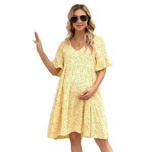 �R�W���C�� ���f�B�[�X �g�b�v�X �����s�[�X V�l�b�N �t���� �}�^�j�e�B Kojooin Women Maternity Dress V Neck Short Sleeves Ruffle Flowy Summer Boho Dress Baby Shower Photoshoot Yellow �C�G���[