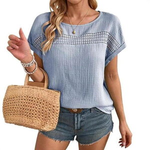 �C�G�X�t�@�b�V���� ���f�B�[�X �g�b�v�X �V���c �N���[�l�b�N �u���E�X Yesfashion Women �f summer Tops Crewneck Short Sleeve Hollow Out-Shirts Casualoose Solid Color Blouses Blue �u���[