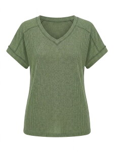 �t�@���W�����C ���f�B�[�X �g�b�v�X T�V���c V�l�b�N ���u FUNJULY Summer Casual V Neck T Shirts for Women Short Sleeve Ribbed Tops Lightweight Stretchy Tees Army Green �O���[��