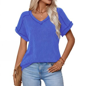 �t�@���W�����C ���f�B�[�X �g�b�v�X T�V���c V�l�b�N ���u FUNJULY Summer Casual V Neck T Shirts for Women Short Sleeve Ribbed Tops Lightweight Stretchy Tees Blue �u���[