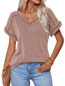 �t�@���W�����C ���f�B�[�X �g�b�v�X T�V���c V�l�b�N ���u FUNJULY Summer Casual V Neck T Shirts for Women Short Sleeve Ribbed Tops Lightweight Stretchy Tees Khaki �J�[�L