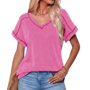 �t�@���W�����C ���f�B�[�X �g�b�v�X T�V���c V�l�b�N ���u FUNJULY Summer Casual V Neck T Shirts for Women Short Sleeve Ribbed Tops Lightweight Stretchy Tees Rose Red ���b�h