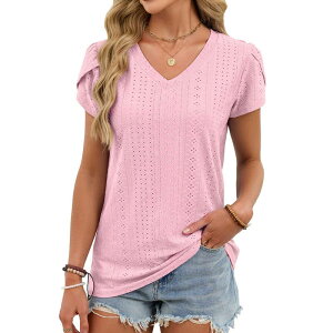 �t�@���W�����C ���f�B�[�X �g�b�v�X T�V���c V�l�b�N FUNJULY Women's Casualoose V Neck T Shirts Petal Sleeve Solid Color Summer Tops for Daily Wear Vacation Pink �s���N