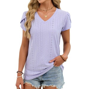 �t�@���W�����C ���f�B�[�X �g�b�v�X T�V���c V�l�b�N FUNJULY Women's Casualoose V Neck T Shirts Petal Sleeve Solid Color Summer Tops for Daily Wear Vacation Purple �p�[�v��
