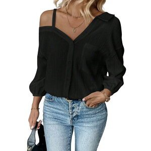 �G���[�g�X�s���b�g ���f�B�[�X �g�b�v�X T�V���c �|���V���c �u���E�X EliteSpirit Women's Long Sleeve Off Shoulder Polo Neck Button Front Loose Fit Blouse Black �u���b�N