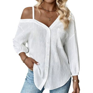 �G���[�g�X�s���b�g ���f�B�[�X �g�b�v�X T�V���c �|���V���c �u���E�X EliteSpirit Women's Long Sleeve Off Shoulder Polo Neck Button Front Loose Fit Blouse White �z���C�g