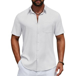 �N�[�t�@���f�B �����Y �g�b�v�X T�V���c �{�^���_�E�� �R�b�g�� �_�E�� ���l�� COOFANDY Men' Linen Shirts Casual Button Down Shirt Short Sleeve Cotton Linen Shirts for Men White �z���C�g