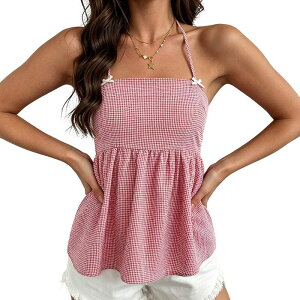 �N���A�t�����[ ���f�B�[�X �g�b�v�X �V���c �I�[�v���o�b�N �z���^�[ ClearFlower Womens Halter Neck Peplum Top Tie Back Open Back Casual Tops Red ���b�h