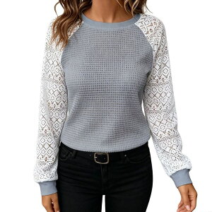 �N���A�t�����[ ���f�B�[�X �g�b�v�X T�V���c �N���[�l�b�N �u���E�X ���[�X �j�b�g ClearFlower Women's Waffle Knit Long Sleeve Top Lace Hollow Out Sleeve Crewneck Casual Blouse T Shirt Light Gray �O���[