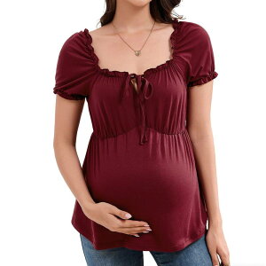 �N���A�t�����[ ���f�B�[�X �g�b�v�X �V���c �t���� �u���E�X �}�^�j�e�B ClearFlower Women's Maternity Square Neck Ruffle Trim Tie Front Short Sleeve Peplum Top Casual Pregnancy Blouse Wine Red ���b�h