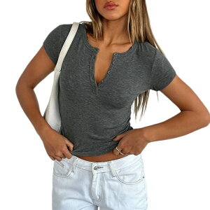 �C�G�X�t�@�b�V���� ���f�B�[�X �g�b�v�X �V���c �X�����t�B�b�g ���u �j�b�g Yesfashion Women's Henley Button Short Sleeve Top Y2K Slim Fit Ribbed Knit Casual Tee Dark Grey �O���[