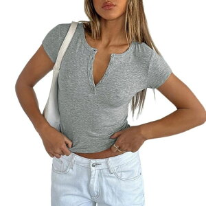 �C�G�X�t�@�b�V���� ���f�B�[�X �g�b�v�X �V���c �X�����t�B�b�g ���u �j�b�g Yesfashion Women's Henley Button Short Sleeve Top Y2K Slim Fit Ribbed Knit Casual Tee Light Grey �O���[
