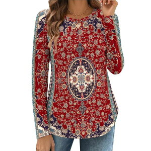 �W�[�O�[ ���f�B�[�X �g�b�v�X T�V���c �t�����[�� �u���E�X �t�����[ Zeagoo Women's Fall Fashion Long Sleeve Floral Boho Tops, Business Casual Work Blouses Floral Red ���b�h