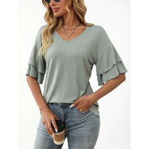 �G���[�g�`���C�X ���f�B�[�X �g�b�v�X �V���c V�l�b�N �e�B�A�[�h �t���� �u���E�X Elitechoice Women Ruffle Short Sleeve V Neck Double Tie red Blouse 3/4 Bell Sleeve Casual Tops Light Green �O���[��