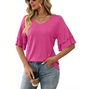 �G���[�g�`���C�X ���f�B�[�X �g�b�v�X �V���c V�l�b�N �e�B�A�[�h �t���� �u���E�X Elitechoice Women Ruffle Short Sleeve V Neck Double Tie red Blouse 3/4 Bell Sleeve Casual Tops Rose Red ���b�h