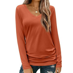 �W�[�O�[ ���f�B�[�X �g�b�v�X T�V���c V�l�b�N Zeagoo Long Sleeve Shirt for Woman V-Neck T Shirt Solid Casual Basic Tops Fall Teesummer Clothing Pumpkin