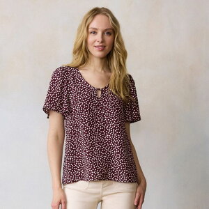LC Lauren Conrad ���f�B�[�X �g�b�v�X �V���c �u���E�X Women's LC Lauren Conrad Flutter Sleeve Blouse Wine Ophelia Dot ���C��