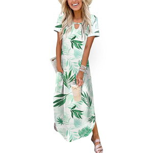 �W�[�O�[ ���f�B�[�X �g�b�v�X �����s�[�X �N���[�l�b�N �}�L�V Zeagoo Women's Casual Summer Short Sleeve Maxi Long Dresses with Pockets Curve Hem Crew Neck White Leaf Printed �z���C�g