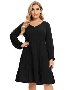 �G���[�g�`���C�X ���f�B�[�X �g�b�v�X �����s�[�X V�l�b�N �v���X�T�C�Y �~�f�B Elitechoice Women's Plusize Long Sleeve V-Neck Midi Dress Black �u���b�N
